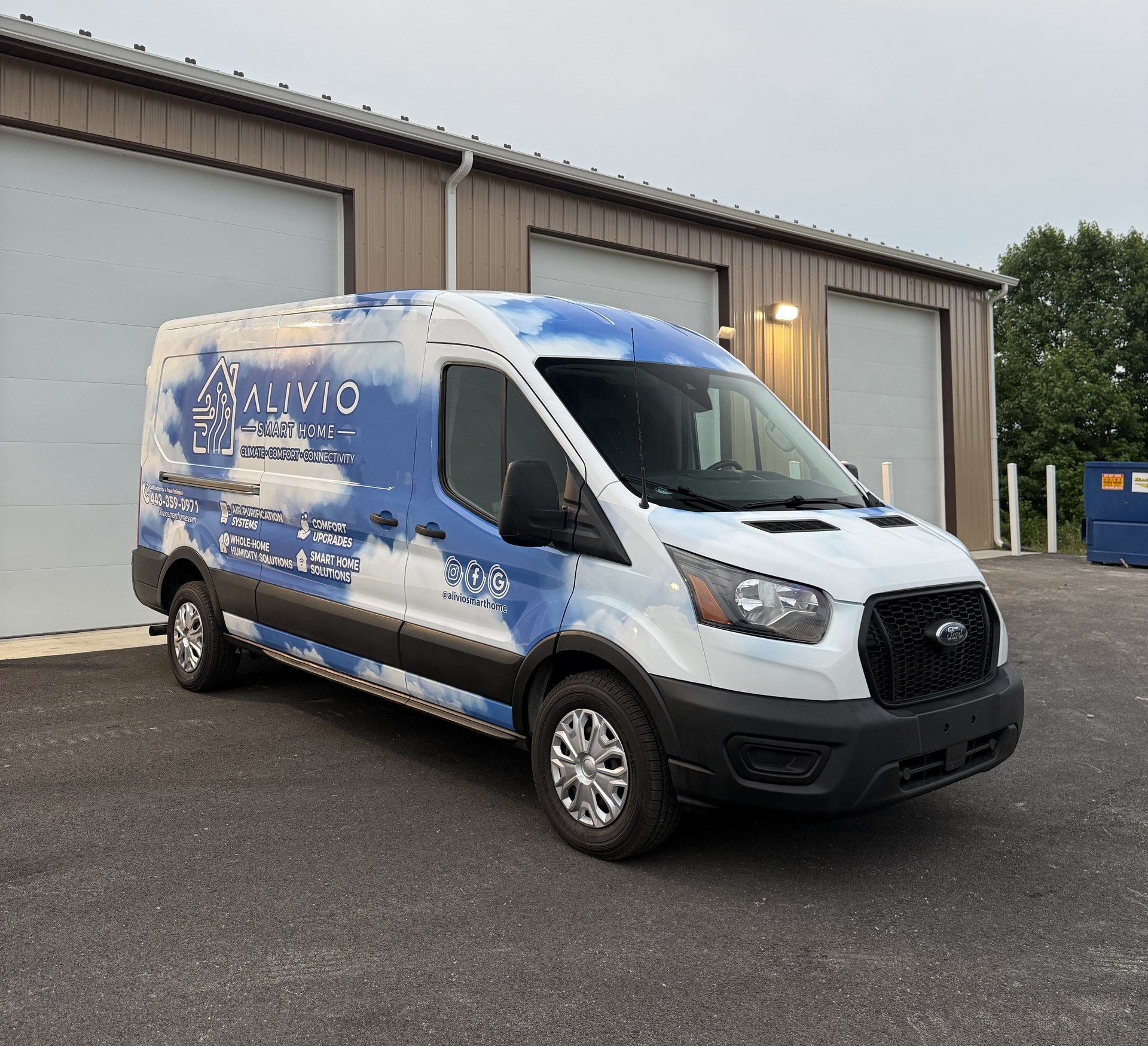 Alivio Smart Home — side Transit van graphics by Coastal Wraps